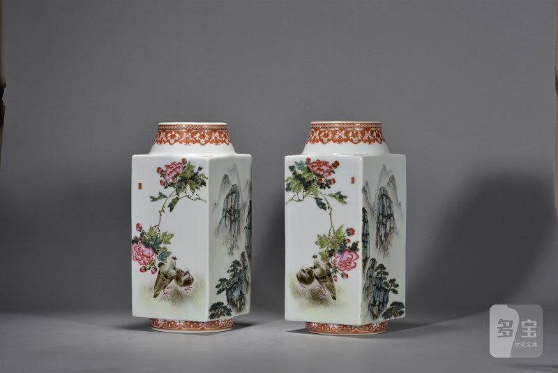 近现代 粉彩山水花鸟琮式瓶一对 - 图3